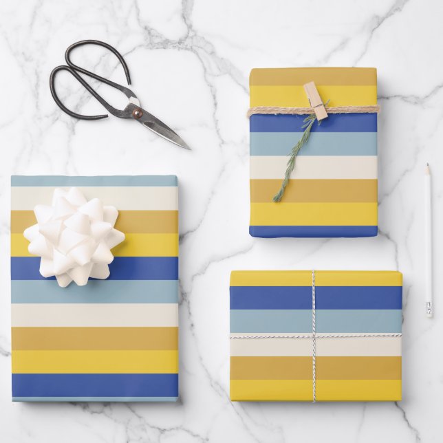Modern blue yellow gold cream stripes Hanukkah Wrapping Paper Sheet (Front)