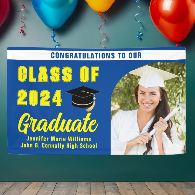 Modern Blue Yellow Graduation Photo Party Banner (Creator Uploaded)