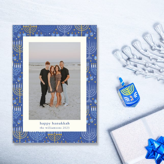 Modern Blue Yellow Menorah Hanukkah Two Photo Holiday Card (Creator Uploaded)