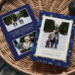 Modern Blue Yellow Menorah Stars 3 Photos Hanukkah<br><div class="desc">Celebrate Hanukkah in style with this modern photo card featuring a chic menorah and star pattern in timeless blue tones. Accented with real gold foil for a festive, elegant touch. The front showcases your favourite vertical family or couple photo in a clean white frame. The back includes space for two...</div>