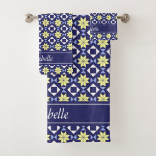 Modern Blue Yellow Moroccan Floral Pattern Name Bath Towel Set