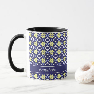 Modern Blue Yellow Moroccan Floral Pattern Name Mug