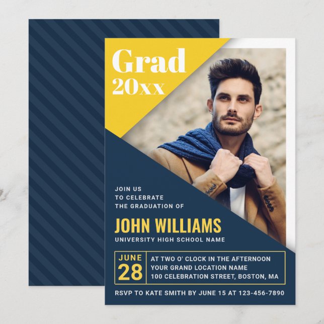 Modern Blue Yellow | Photo Graduation Party Invitation (Front/Back)