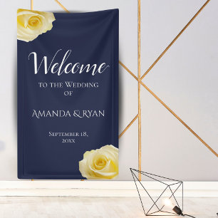 Modern Blue Yellow Roses Floral Wedding Welcome Banner