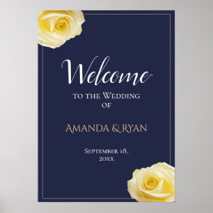Modern Blue Yellow Roses Floral Wedding Welcome Poster