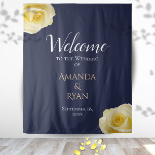 Modern Blue Yellow Roses Floral Wedding Welcome Tapestry