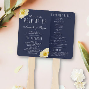 Modern Blue Yellow Roses Script Wedding Program Hand Fan