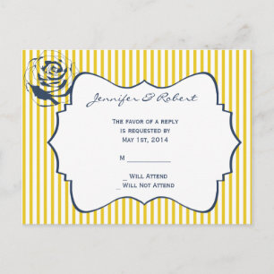 Modern Blue Yellow Stripe Wedding RSVP Invitation Postcard