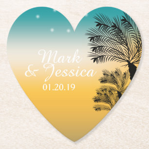 Modern Blue Yellow Sunset Tropical Beach Palms Paper Coaster