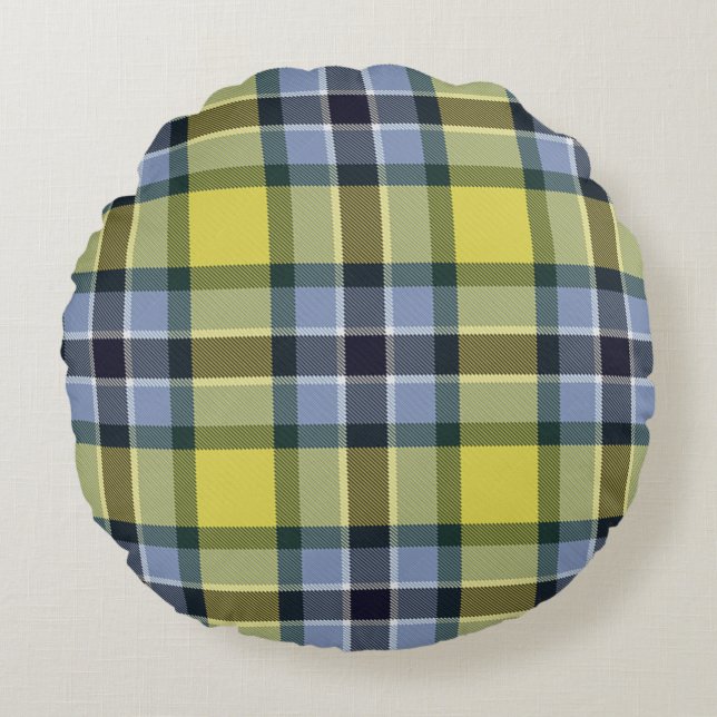  Modern Blue & Yellow Tartan Plaid Pattern Round Cushion (Front)