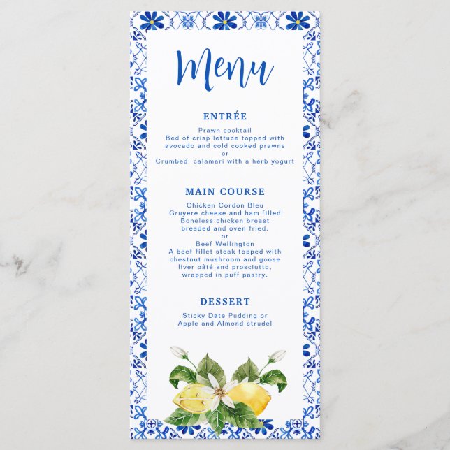 Modern Blue Yellow Tile Lemon Menu  (Front)