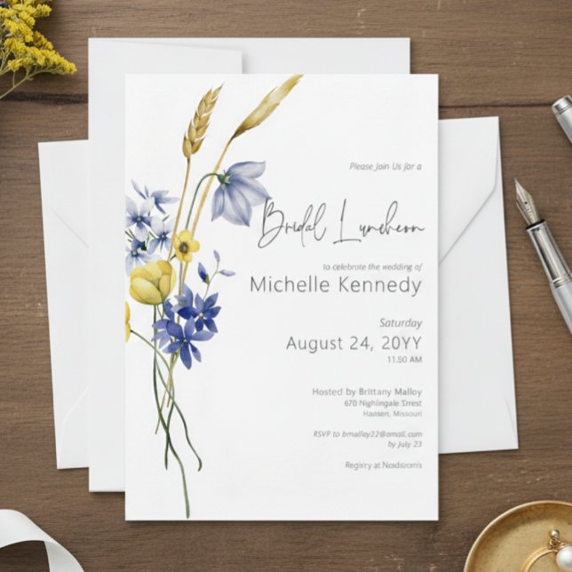 Modern Blue & Yellow Wildflowers Bridal Luncheon Invitation (Creator Uploaded)