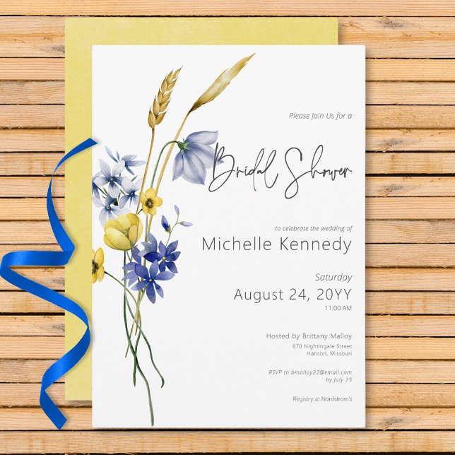 Modern Blue & Yellow Wildflowers Bridal Shower Invitation (Modern Blue & Yellow Wildflowers Bridal Shower Invitation)