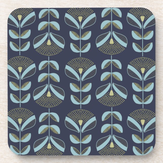 Modern Blues Golds Floral Pattern  Coaster (Front)