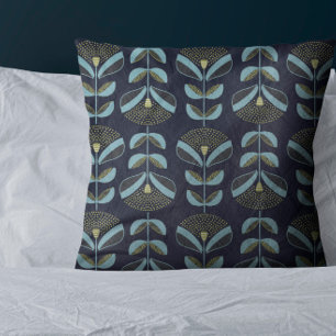 Modern Blues Golds Floral Pattern Throw Pillow