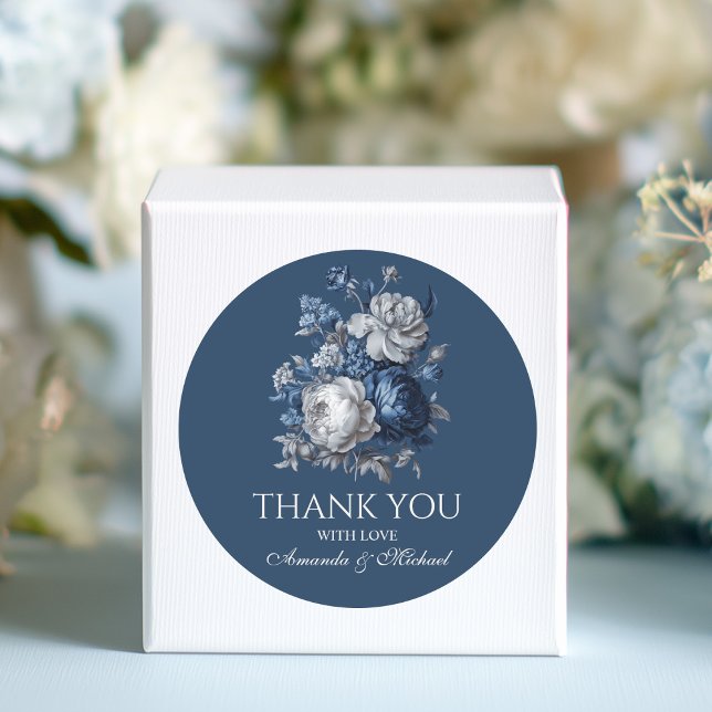 Modern Blues & Grey Floral Wedding Classic Round Sticker (Modern Blues & Gray Floral Wedding Classic Round Sticker)