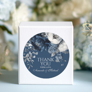 Modern Blues & Grey Floral Wedding Classic Round Sticker