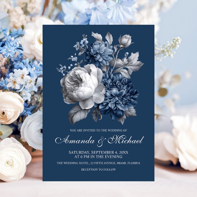 Modern Blues & Grey Floral Wedding Invitation (Modern Blues & Gray Floral Wedding Invitation)