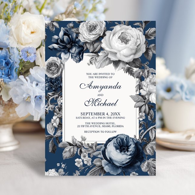 Modern Blues & Grey Floral Wedding Invitation (Modern Blues & Gray Floral Wedding Invitation)