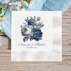 Modern Blues & Grey Floral Wedding Napkin