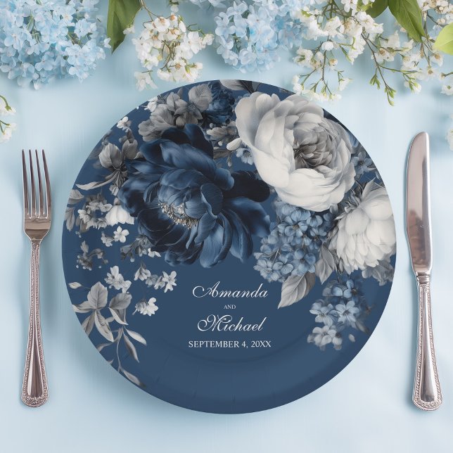 Modern Blues & Grey Floral Wedding Paper Plate (Modern Blues & Gray Floral Wedding Paper Plates)