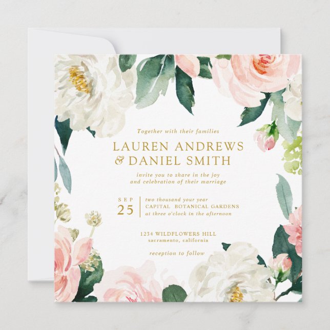 Modern Blush | All in one  Gold Botanical wedding Invitation (Front)