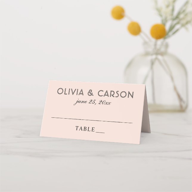 Modern Blush and Black Script Monogram Wedding Place Card (Front)