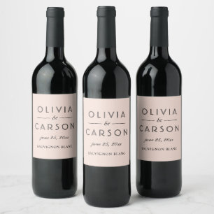 Modern Blush and Black Wedding Monogram Wine Label
