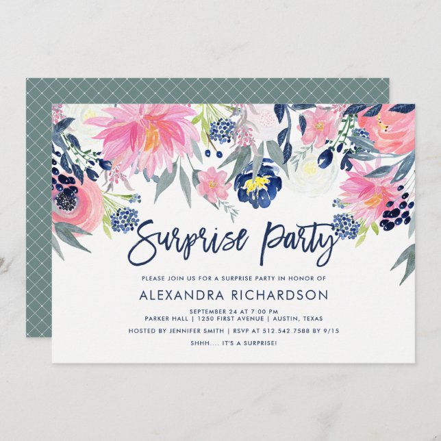 Modern Blush and Navy Floral Surprise Party Invitation (Front/Back)