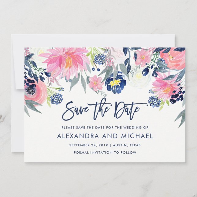 Modern Blush and Navy Floral Wedding Save the Date (Front)