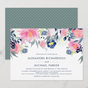 Modern Blush and Navy Floral Wedding Version Two Invitation