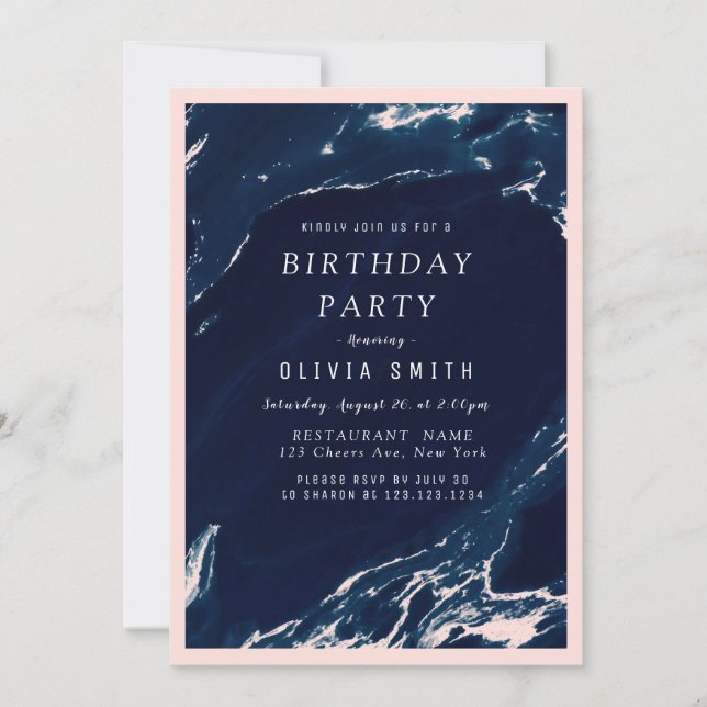 Modern blush and navy marble  birthday party invitation (Front)