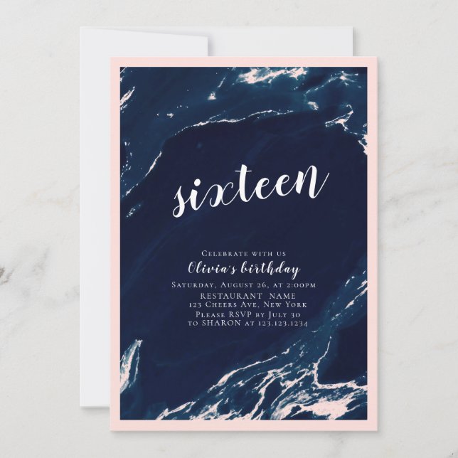Modern blush and navy marble  birthday party invitation (Front)