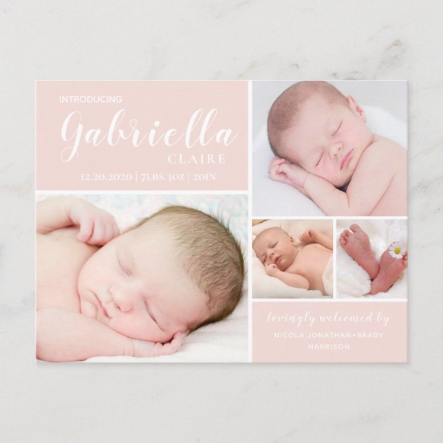 Modern Blush Baby Girl Birth Announcement Postcard (Front)