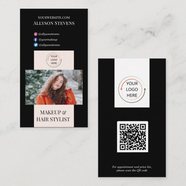 Modern Blush & Black Makeup Hair Stylist QR Code Business Card (Front/Back)