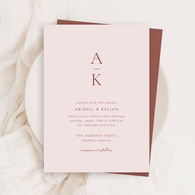 Modern Blush Brown Monogram Earth Tone Wedding Invitation (Creator Uploaded)