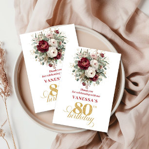 Modern Blush Burgundy 80th Birthday Thank You Card