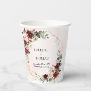 Modern blush burgundy floral gold frame boho  paper cups