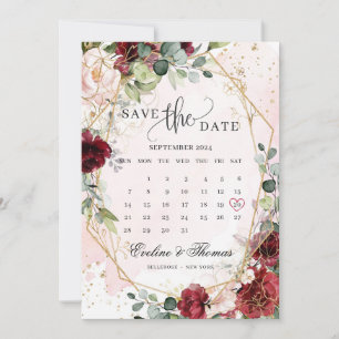 Modern blush burgundy floral gold geometric boho save the date