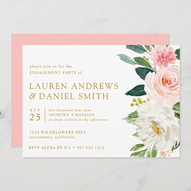 Modern Blush | Chic Floral Gold Engagement Party Invitation (Front/Back)