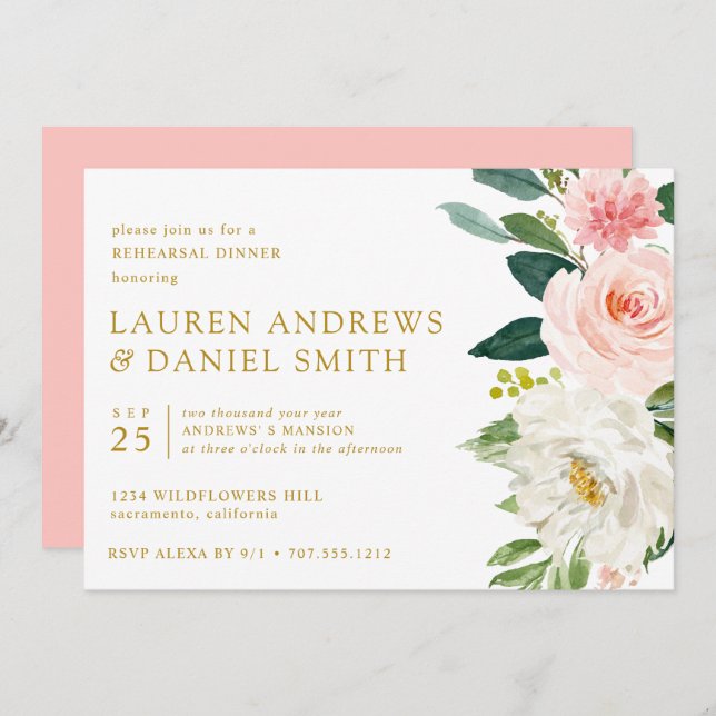 Modern Blush | Chic Floral Gold Rehearsal Dinner Invitation (Front/Back)