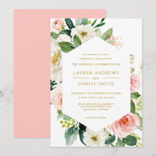 Modern Blush   Chic Geometric Gold Floral Wedding Invitation