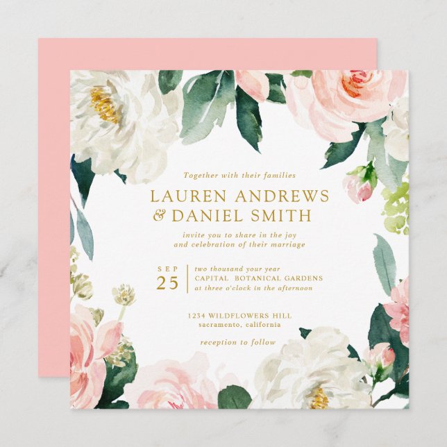 Modern Blush | Chic Gold Botanical Garland wedding Invitation (Front/Back)