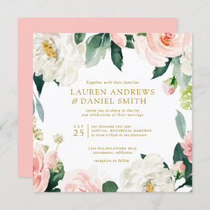 Modern Blush   Chic Gold Botanical Garland wedding Invitation