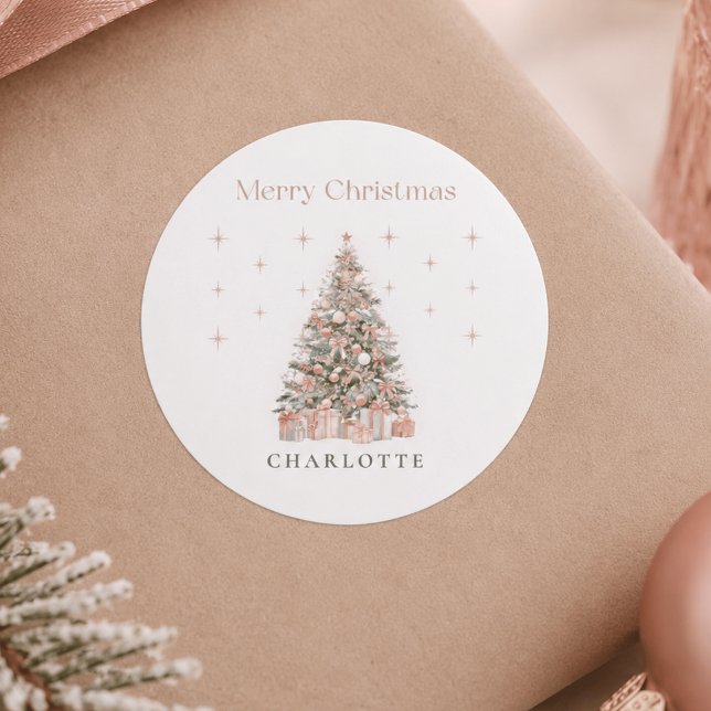 Modern Blush Christmas Tree – Personalised Holiday Classic Round Sticker (Creator Uploaded)