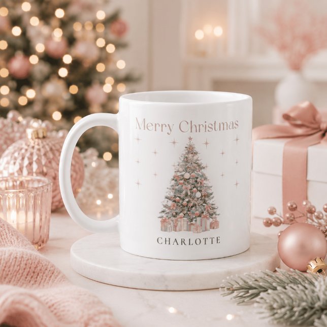 Modern Blush Christmas Tree – Personalised Holiday Coffee Mug (Creator Uploaded)