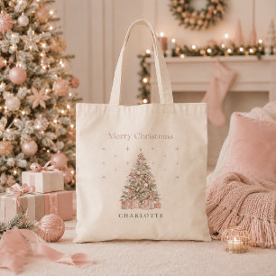 Modern Blush Christmas Tree Personalised Holiday  Tote Bag