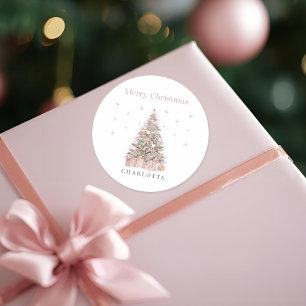 Modern Blush Christmas Tree – Personalized Holiday Classic Round Sticker