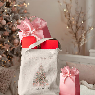 Modern Blush Christmas Tree Personalized Holiday Tote Bag