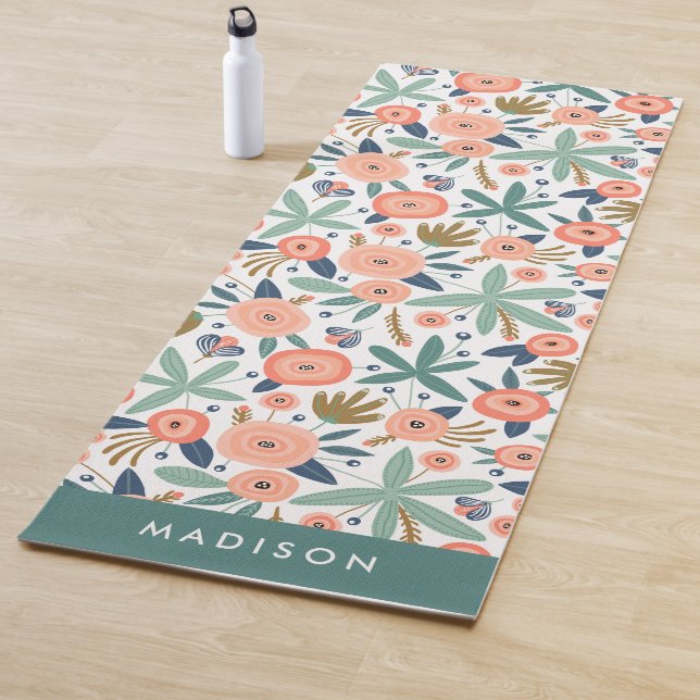 Modern Blush & Coral Mint Floral Pattern Yoga Mat (In Situ)